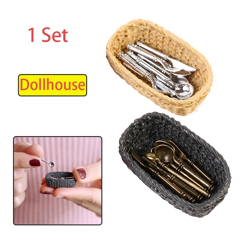 1Set Vintage 1:12 Dollhouse Miniatures Tableware Mini Cutlery Knife Fork Spoon + Basket Childrens Toy For Doll House Decor