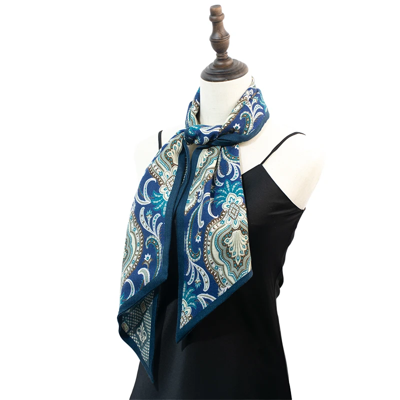 Luxury Wool Silk Blend Long Skinny Scarf 125×22cm Reversible Vintage Cashew Print Neck Band Hair Tie Handbag Strap Gift For Her