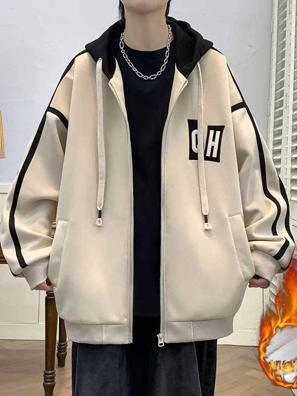 

Men's Hooded Jaet Autumn Winter New Sle Stripe Design Fce Lined Casual Warm Outerwear Hong Kong Sle Loose Fit Coat