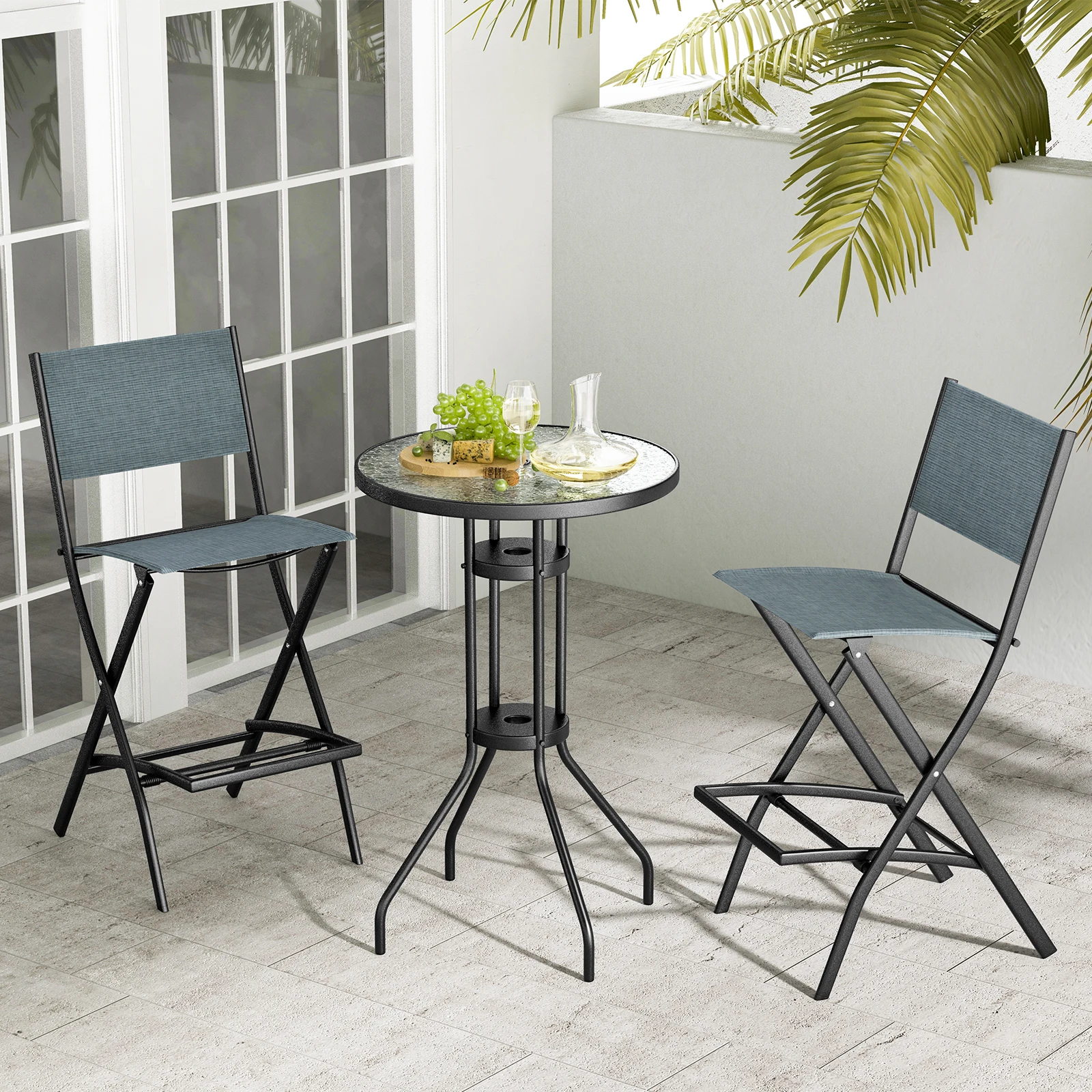 Set of 2 Outdoor Bar Stools, Folding Bar Chairs with Backrest and Footrest, Counter Stools up to 150 kg, Seat Height 71 cm