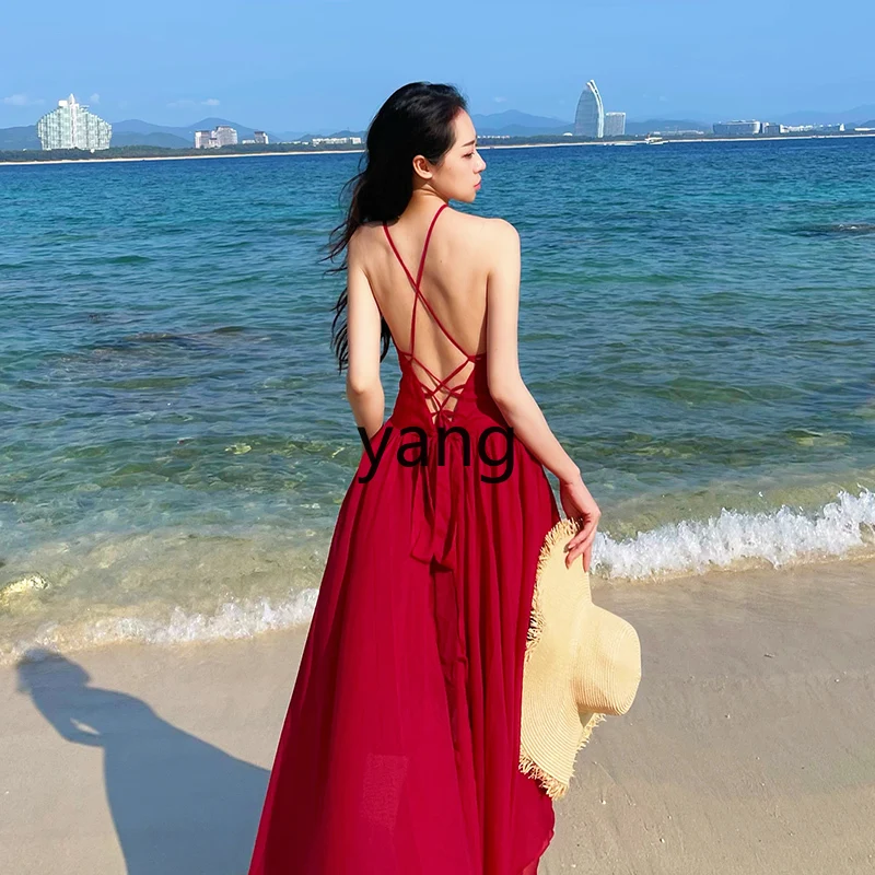 

LMM red backless dovetail beach dress seaside photo clothes super fairy neck suspender skirt
