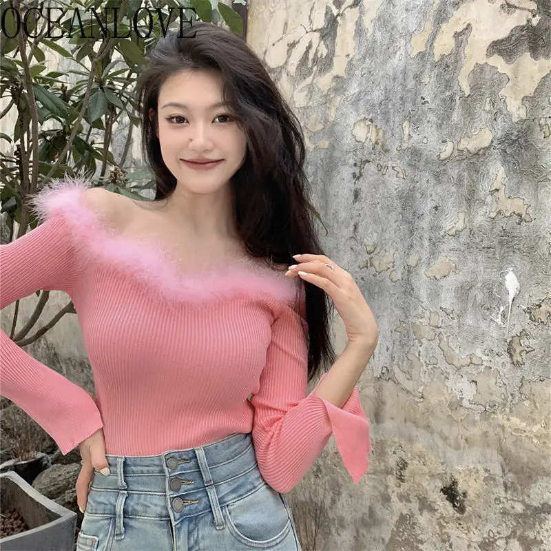 

OCEANLOVE Women Sweaters Slash Neck Solid Autumn Winter Sexy Short Pullovers Korean Fashion Retro Simple Pull Femme