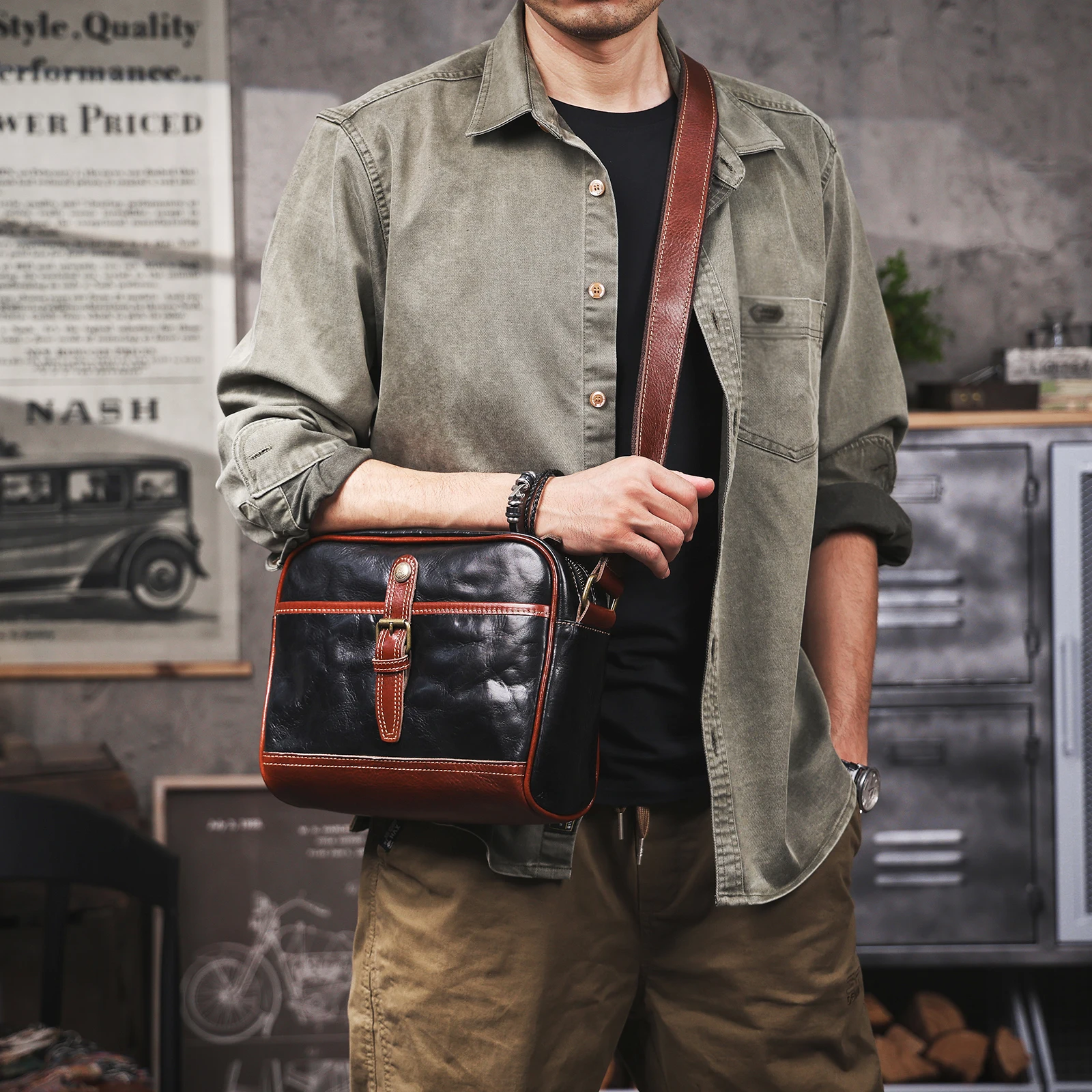 S.WORKER Vollnarbenleder-Umhängetasche für Herren Vintage Echtleder Herrenmode Schultertasche Messenger Bag – Detail 5
