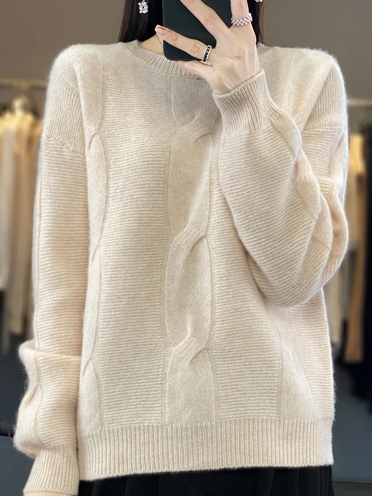 Autumn Winter Women 100% Merino Wool Sweater O- Neck Pullover Warm Casual Long Sleeve Cashmere Knitwear Korean Female Clothing