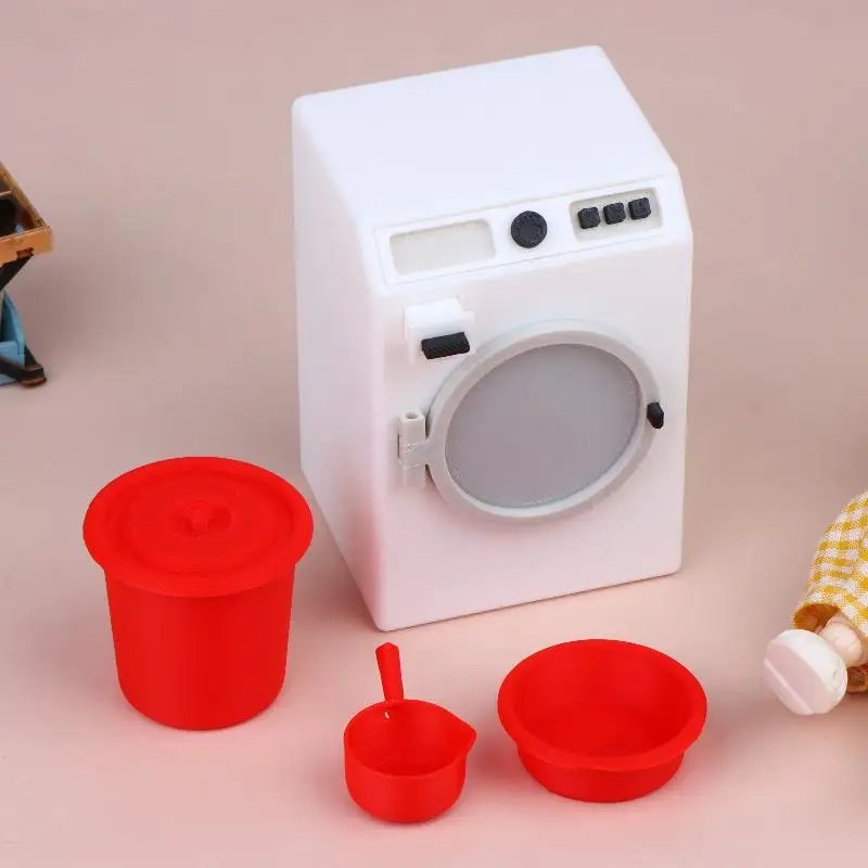 Mini Washing Machine 1 Bucket Basin Miniature Dollhouse Laundry Room Decor for Childrens Pretend Play Scene Accessories