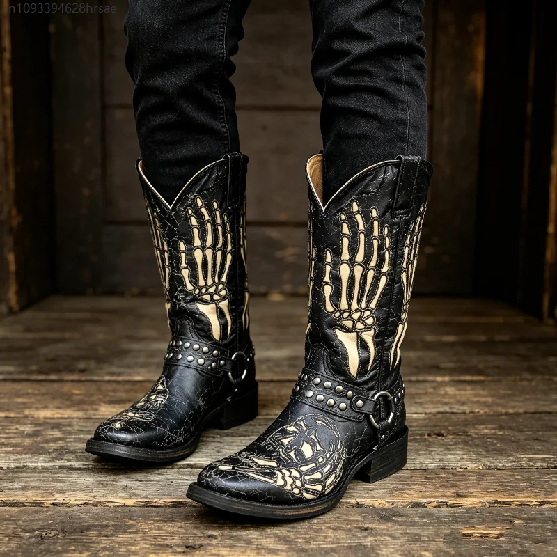 punk-skeleton-totem-knight-cosplay-boots-retro-square-toe-chunky-heel-motorcycle-mid-calf-cracked-leather-men-women-black-boots