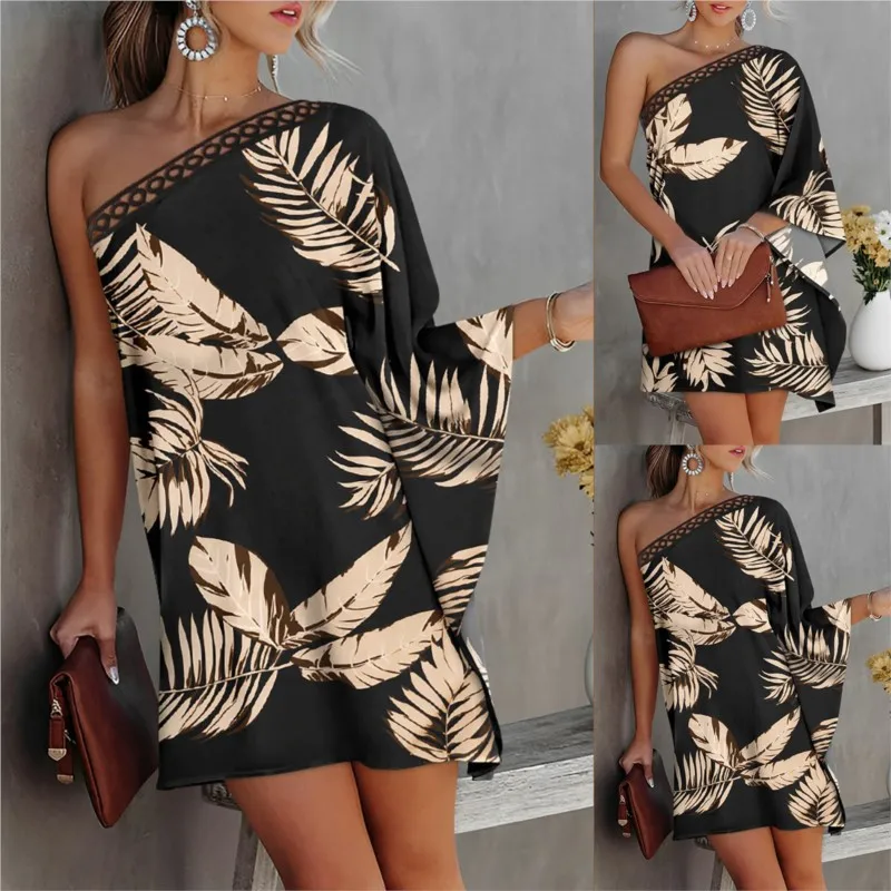 Summer Dress Palm Leaf Print One Shoulder Casual Dress Fashion Women's Printed Evening Dress Birthday Dress