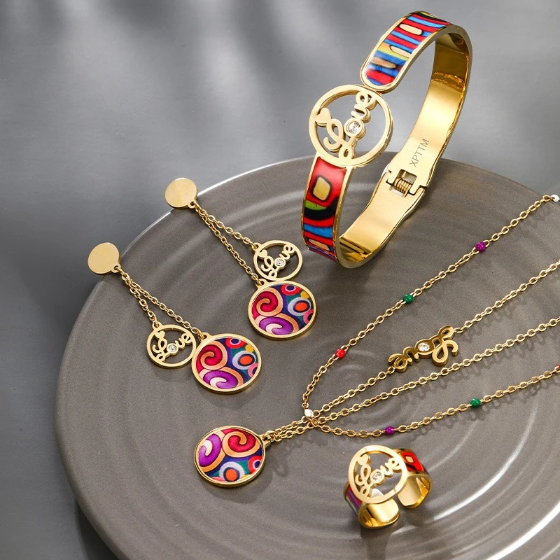 

New Fashion Color Series Bracelet Necklace Earrings Ring Set Ladies Light Luxury Jewelry