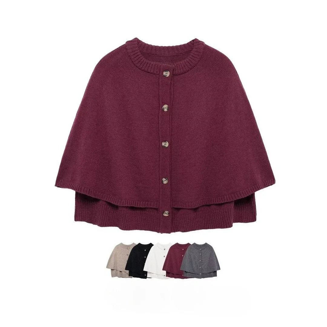 

2025 New Women's Clothing European and American Style Fashion All-match Cape Design Round Neck Single Breasted Knitted Jacket