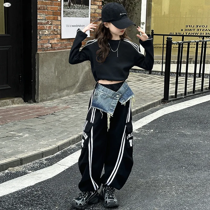 Teen Girl Denim Spliced Work Pants Spring Autumn New Kids Casual Floor Sports Wide Leg Trousers Children Clothes