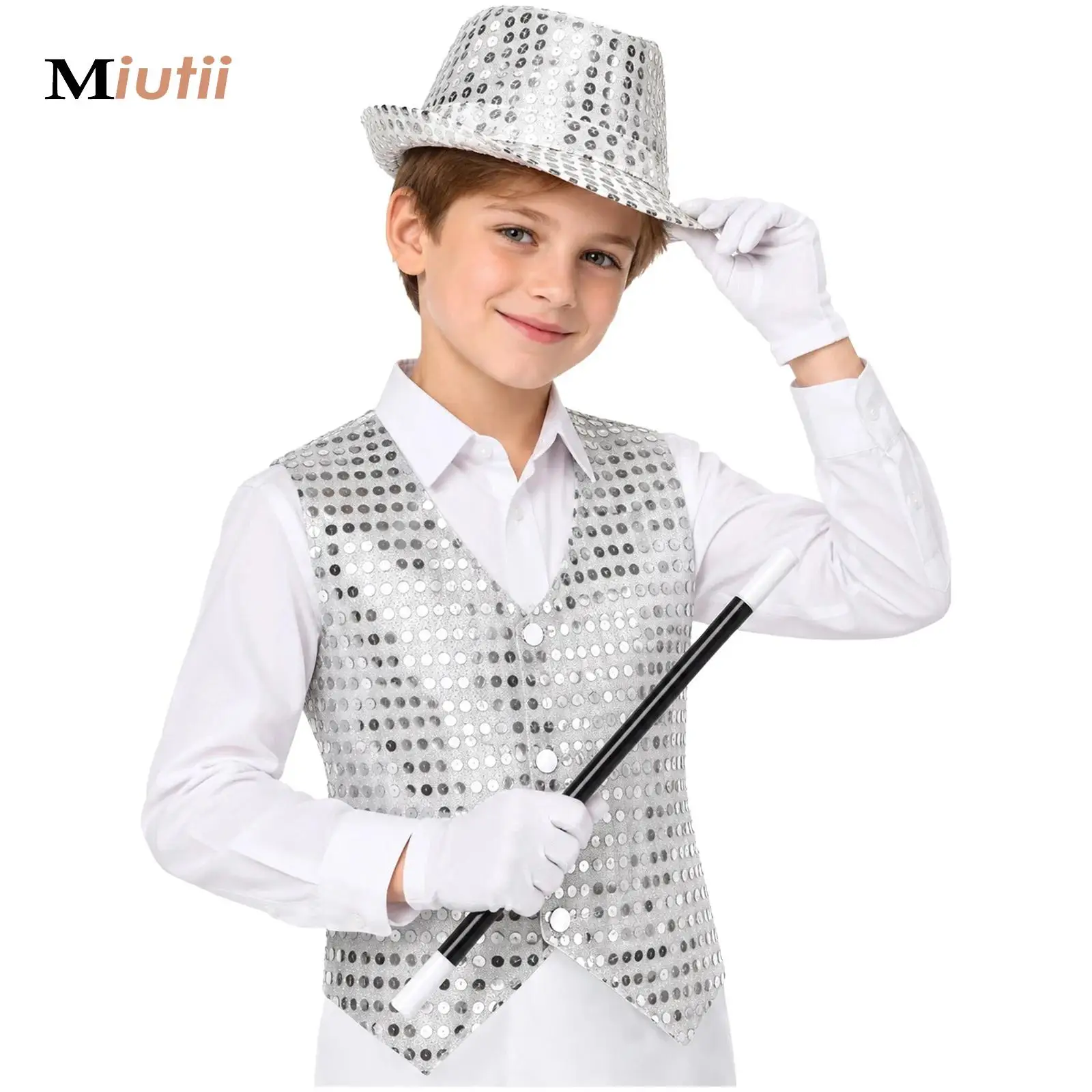 Boy Magician Outfit Girls Christmas Stage Performance Costumes Kids Hip-hop Jazz Stage Dance Vest Waistcoat with Hat Gloves Wand