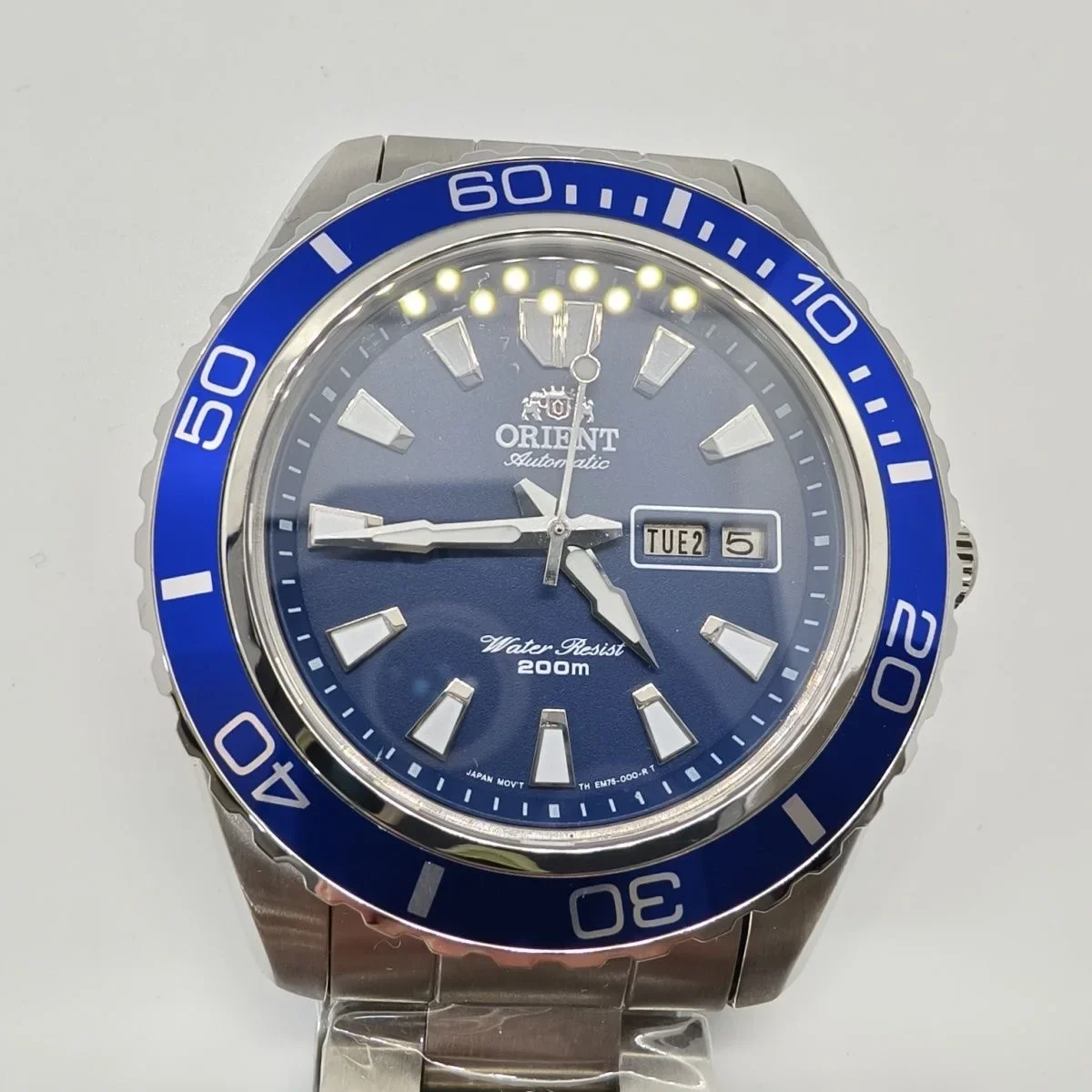 Orient Diver automatisch horloge blauwe wijzerplaat blauwe rand 200M waterdicht dag-datum stalen band lichtgevende markeringen heren sporthorloge