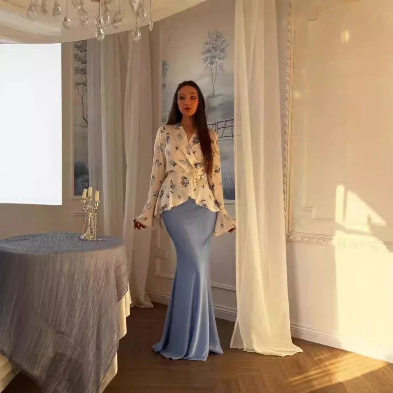 Women Ditsy Floral Co Ord Set V Neck Wrap Flare Long Sleeve Tie Waist Top Silky Satin Mermaid Floor Length Skirt Two Piece Suit view 3