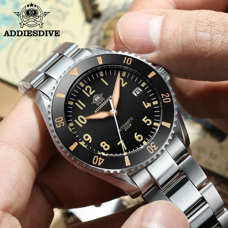 ADDIESDIVE Leather Automatic Watch Sapphire Luminous Men\'s Mechanical Watches 20Bar Waterproof NH35 Retro Luxury Dive Wristwatch