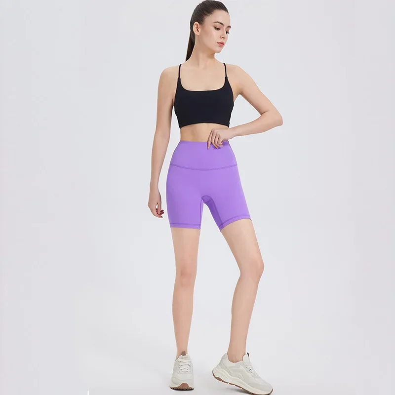 Lulu-cintura alta apertada nylon yoga shorts para as mulheres, roupas esportivas, estiramento alto, calças trimestre