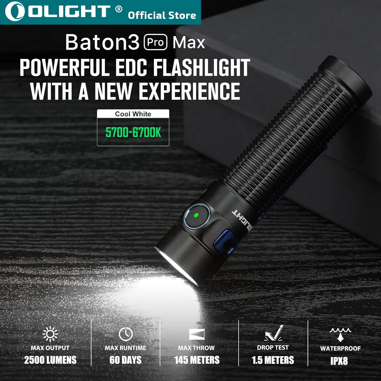 OLIGHT Baton 3 Pro Max-linternas de bolsillo EDC compactas recargables, 2500 lúmenes, Sensor de proximidad de seguridad