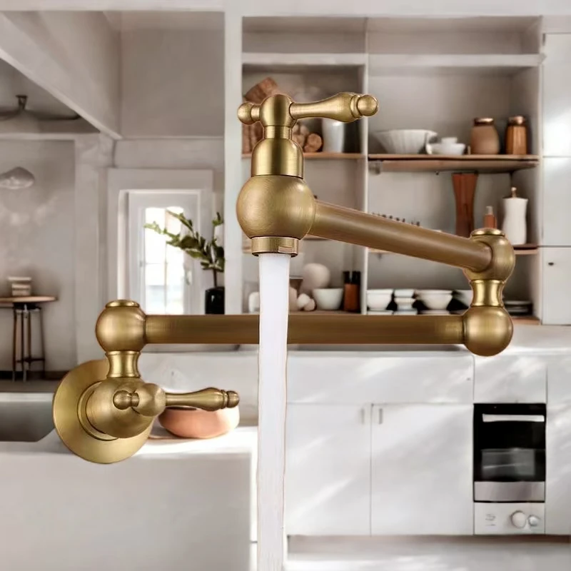 Copper folding kitchen faucet single cold double open into wall type telescopic rotating vegetable basin laundry pool faucet