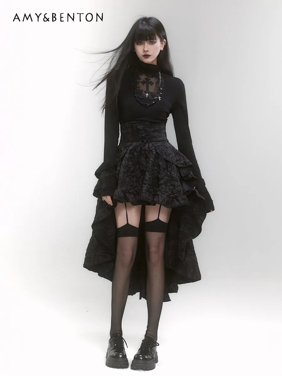 

Стильная черная мини-юбка в стиле Харадзюку, ретро-жаккард, с завышенной талией, асимметричная, пышная, средней длины