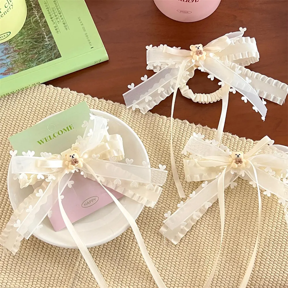 حبل شعر بنمط ذيل حصان مزدوج الطبقة ، دب حليب أبيض ، قلب صغير ، مشبك شعر لطيف ، مشبك شعر ، بدون خطاف ، مشبك منقار البط