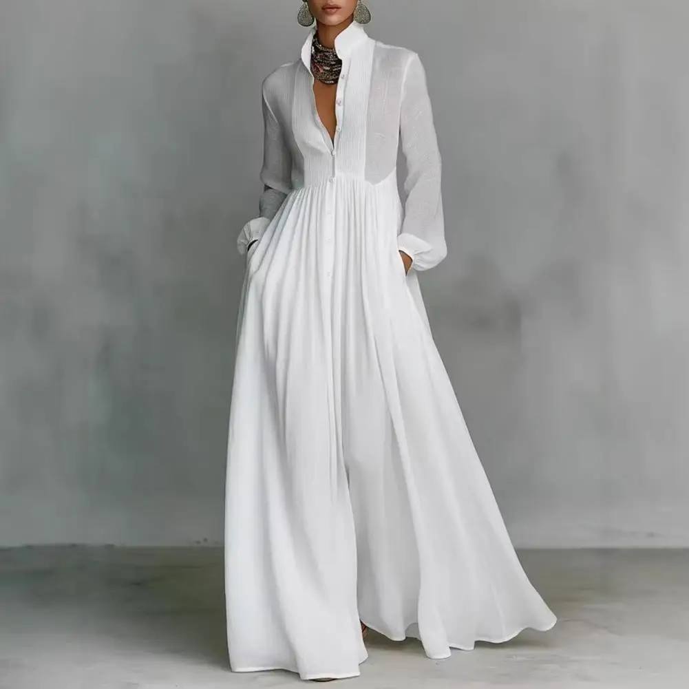 French Style Women Dress Stand Collar Long Sleeve Buttons Down Maxi Dress Pleated Flowy Hem Elegant Single Breasted Long Dress - view 4