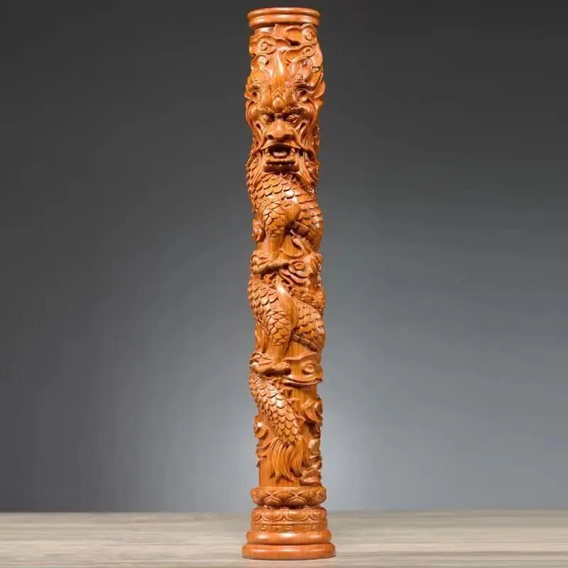 

Antique wood carving dragon pillar ornament home living room solid wood feng shui auspicious wealth desktop decor handicraft