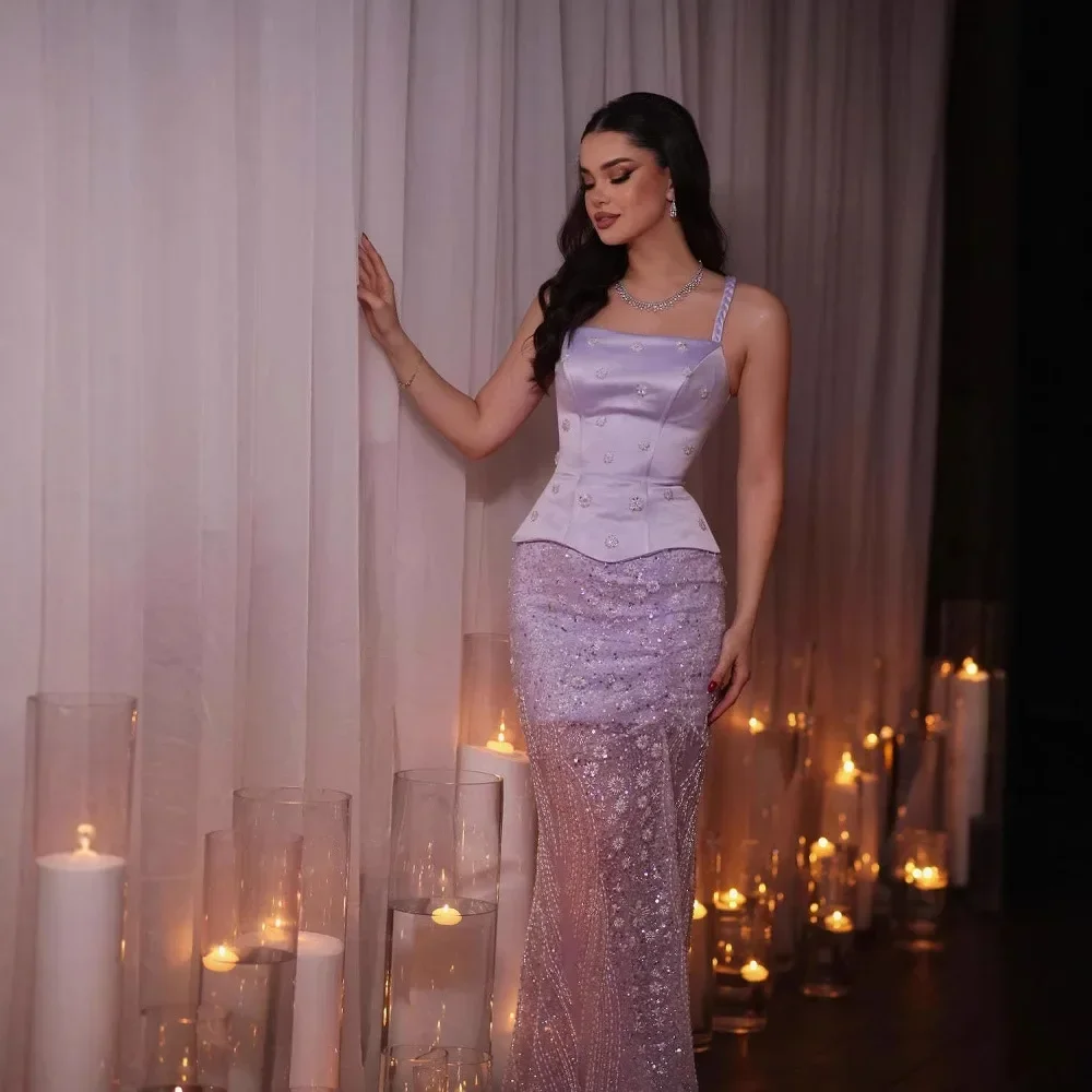 カスタマイズされた高級レースマーメイドアップリケ真珠ビーズクリスタルイブニングドレス絶妙なノースリーブストラップレスセレブドレス