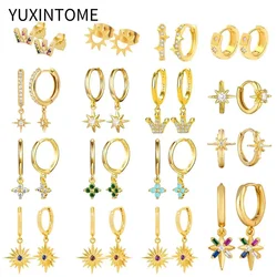 Simple Crystal Octagram Star Hoop Earrings For Women 925 Sterling Silver Ear Needle Crown Sun Pendant Earrings Fashion Jewelry