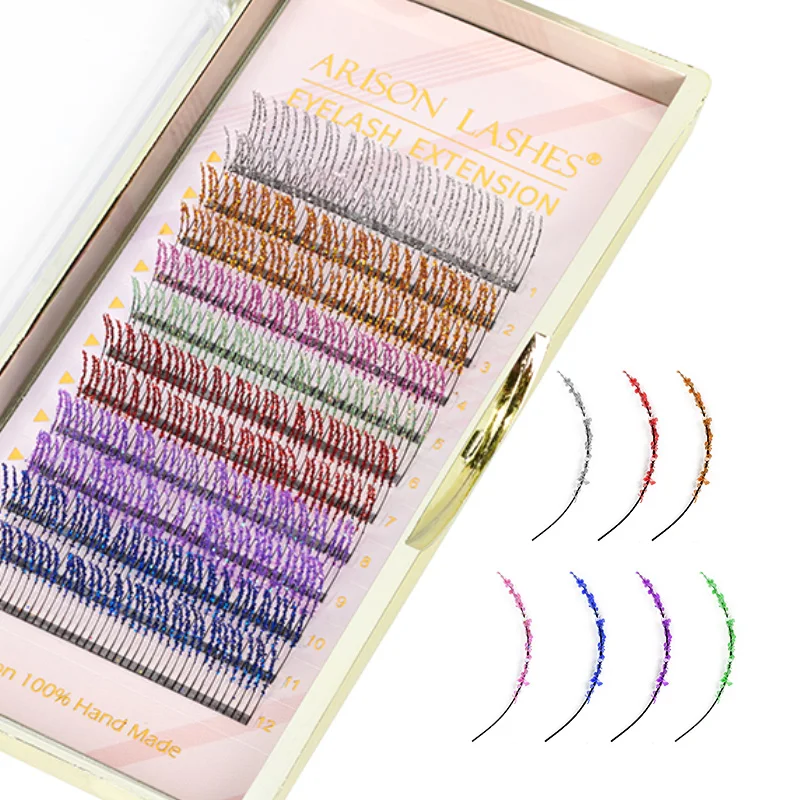 ARISON Glitter Eyelashes 12 Rows Colorful Lashes Pink Sliver Colorful Eyelashes Extension Supplies Individual Lashes Makeup Tool