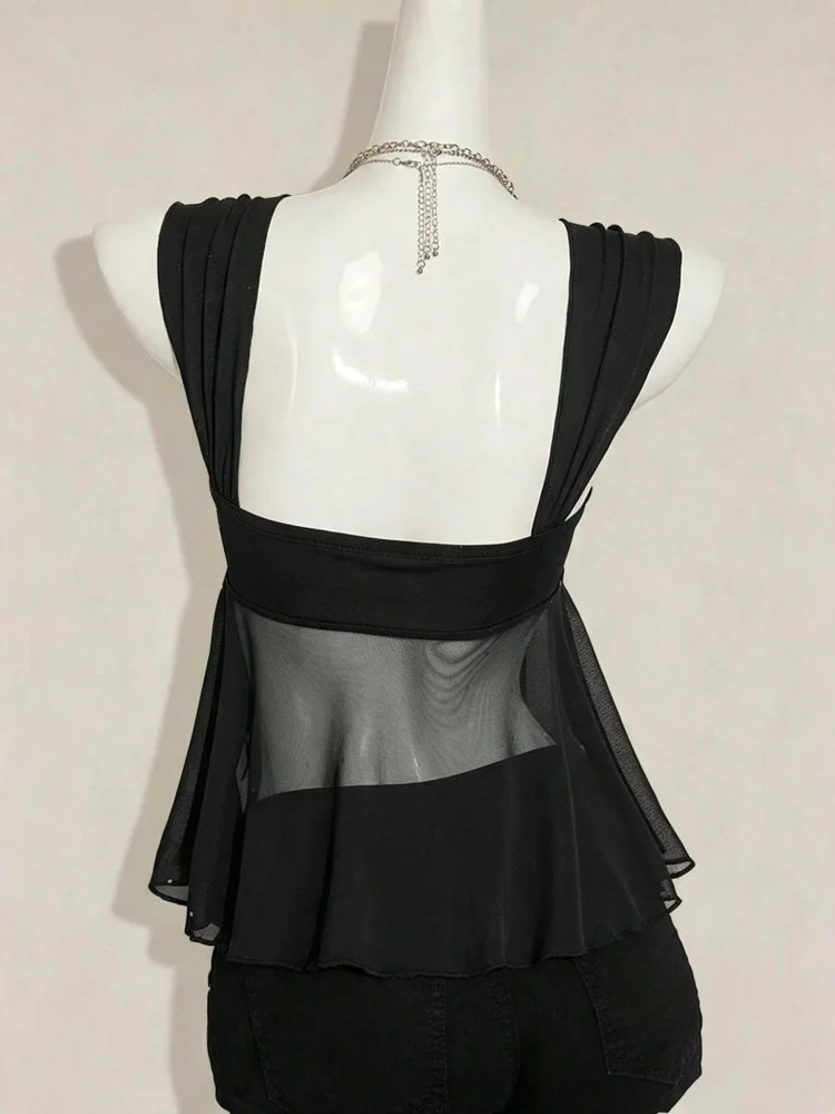 Casual Sweetheart Neck Ruffle Trim Mesh Tank Top. Sbdc383060ba44764a6fc0f1754f068d1w