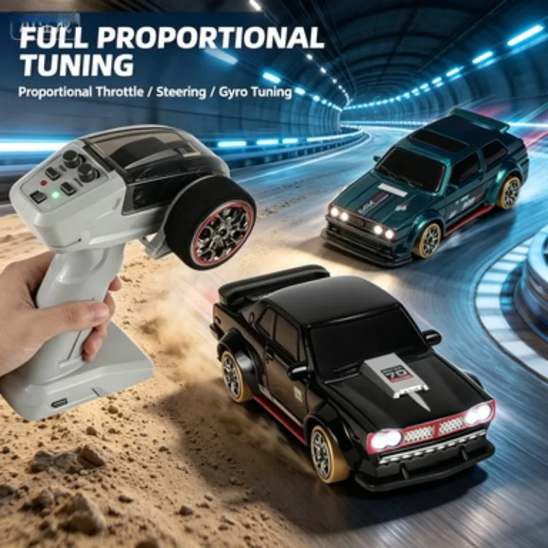 Coche de Derrape RC 4WD 1:63 con Dirección y Aceleración Totalmente Proporcionales, Giroscopio, Luces LED, Neumáticos de Derrape de Repuesto, Coche de Control Remoto para Adultos