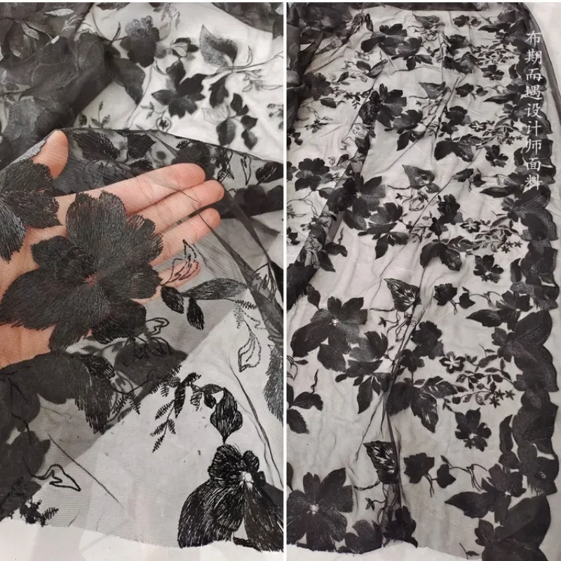 Mesh Fabric Black Flower Embroidery Soft Wedding Dress Decorative Fashion Apparel Sewing Fabric Polyester Material Cloth Diy