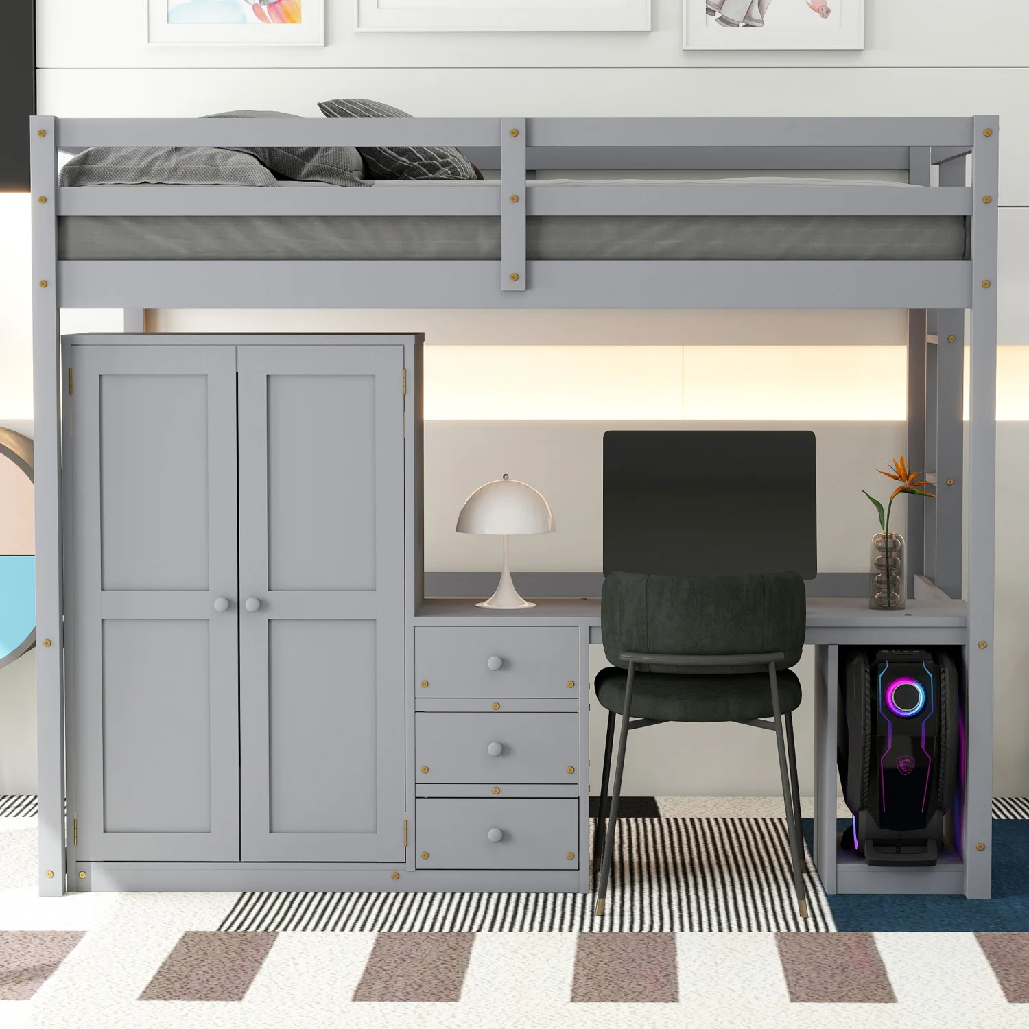 

Gray Full Size Loft Bed with Wardrobe, Desk, Storage Drawers - Organize Your Bedroom Efficiently!