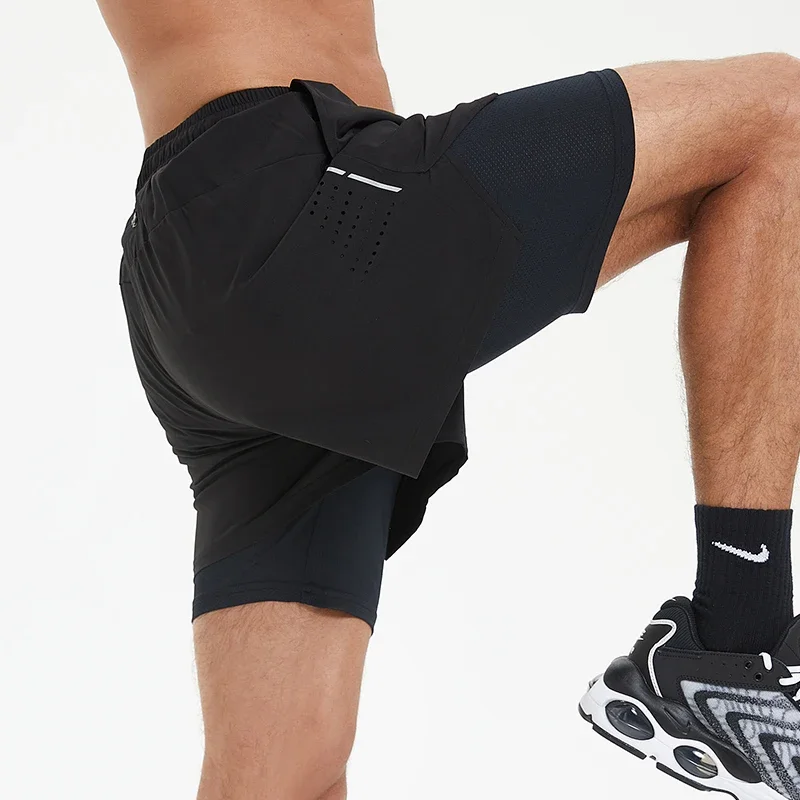 Sommer-Badeshorts für Herren, Sportbekleidung, 2-in-1, Kompressions-Jogging-Shorts, Strand-Freizeithose, doppellagige Hose mit Reißverschlusstaschen