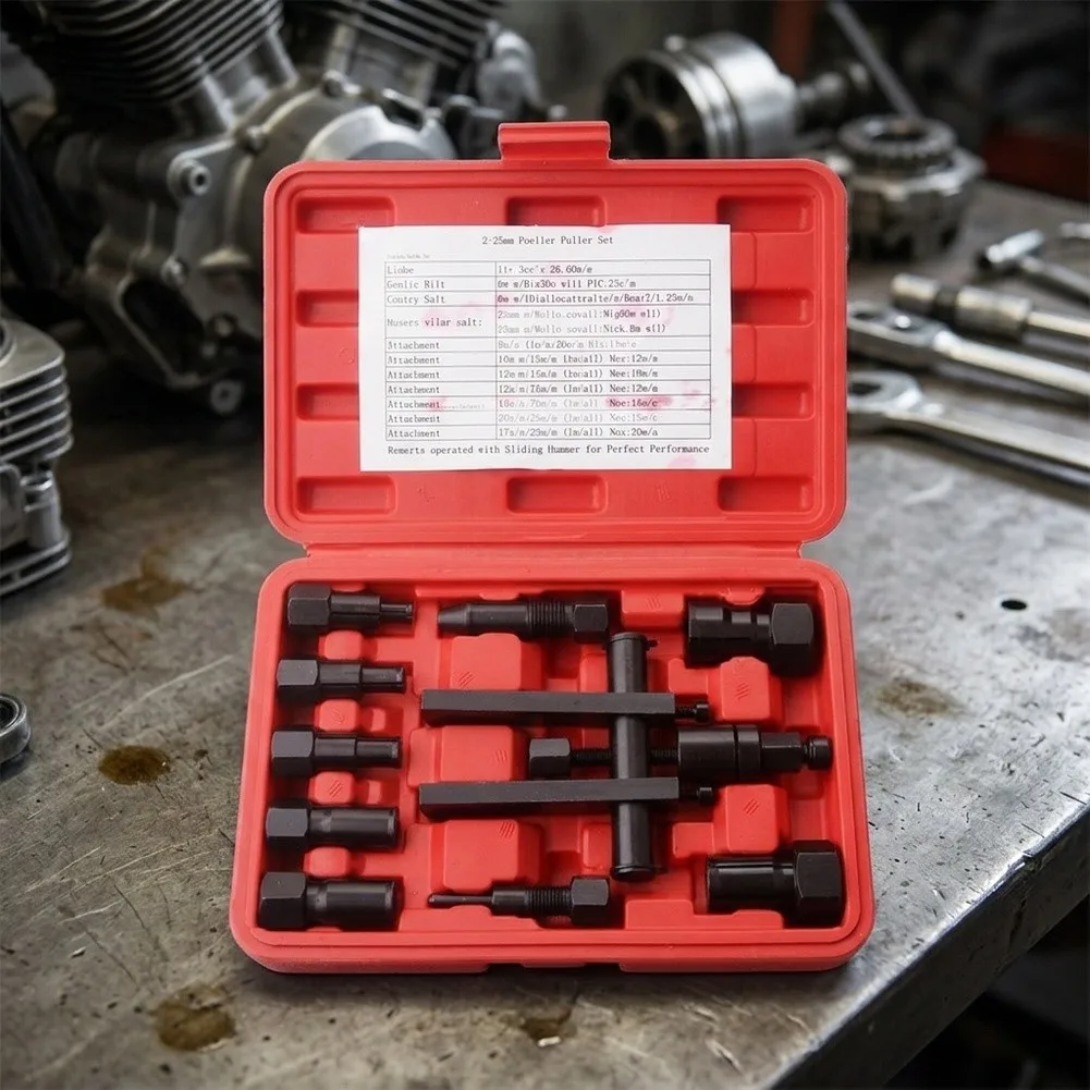 Complete Motorcycle Internal Bearing Removal Tools Set with 10 Pullers Covering Sizes 8mm to 25mm in Compact Case