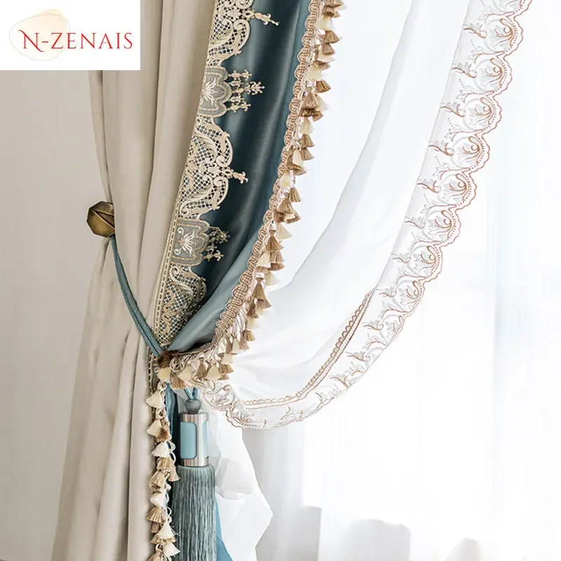 

French Imitation Luster American Stitching Lace Luxury Curtains for Living Room Bedroom Dining Blackout Elegant Window Decor