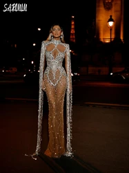 Illusion High Neck Evening Dress Beaded Crystals Sexy Cut Out Luxury Tassel Customized Celebrity Gown Vestidos De Novia