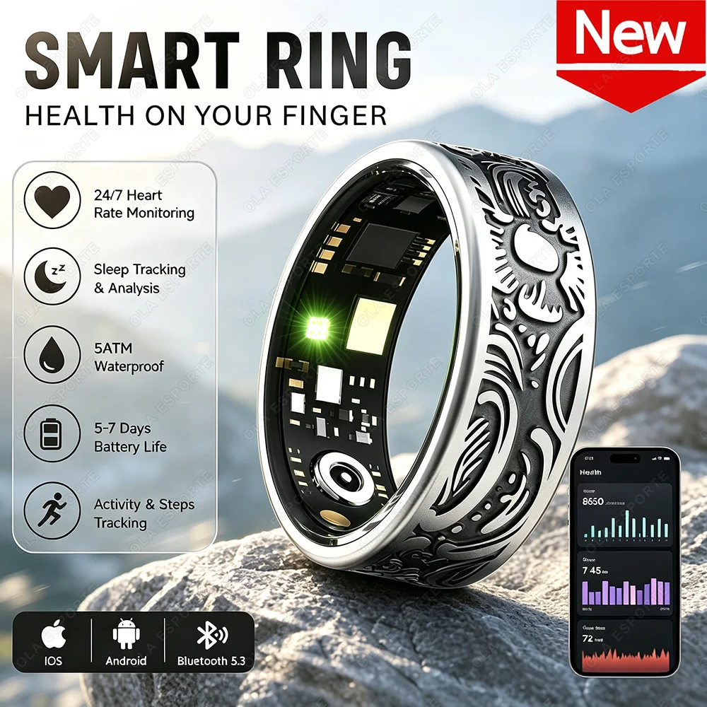 Retro Smart Ring 5ATM Wasserdicht Schlaf-Gesundheitsüberwachung Fitness-Schrittzähler Mehrere Sportmodi Niedriger Stromverbrauch Smartring