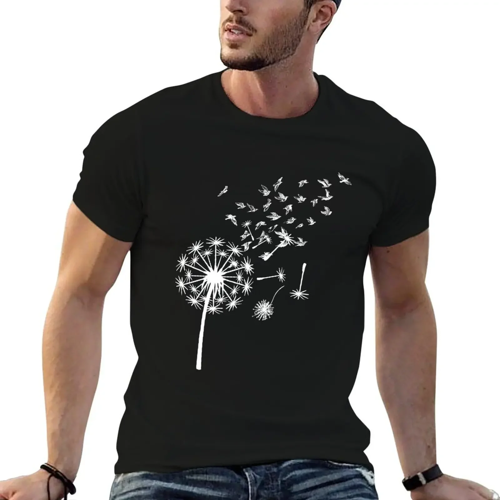 Dandelion Flower Flying Birds T-Shirt blue archive oversizeds anime baggy shirts cotton t shirt men