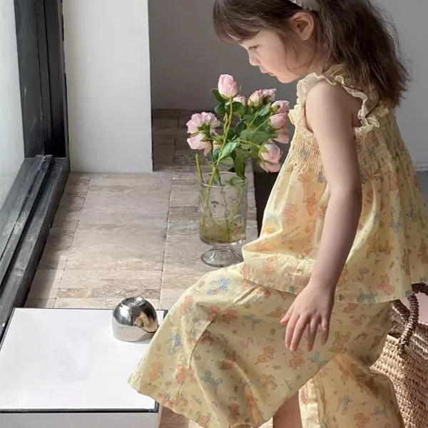 

Printed Set Summer New Korean Cute Sweet Fashion Full Print Sleeveless Halter Tops Wide Leg Pants 2 Piece Set