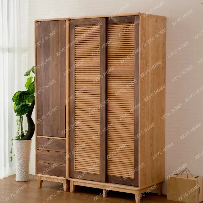 Solid Wood Wardrobe Oak Sliding Door Simple Modern Shutter Door Opening Combination