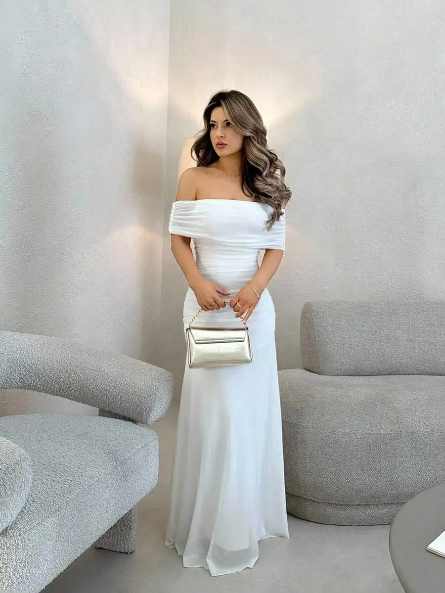 

Women's Off-Shoulder Ruched Waist Flowy Maxi Dress for Wedding or Evening Event