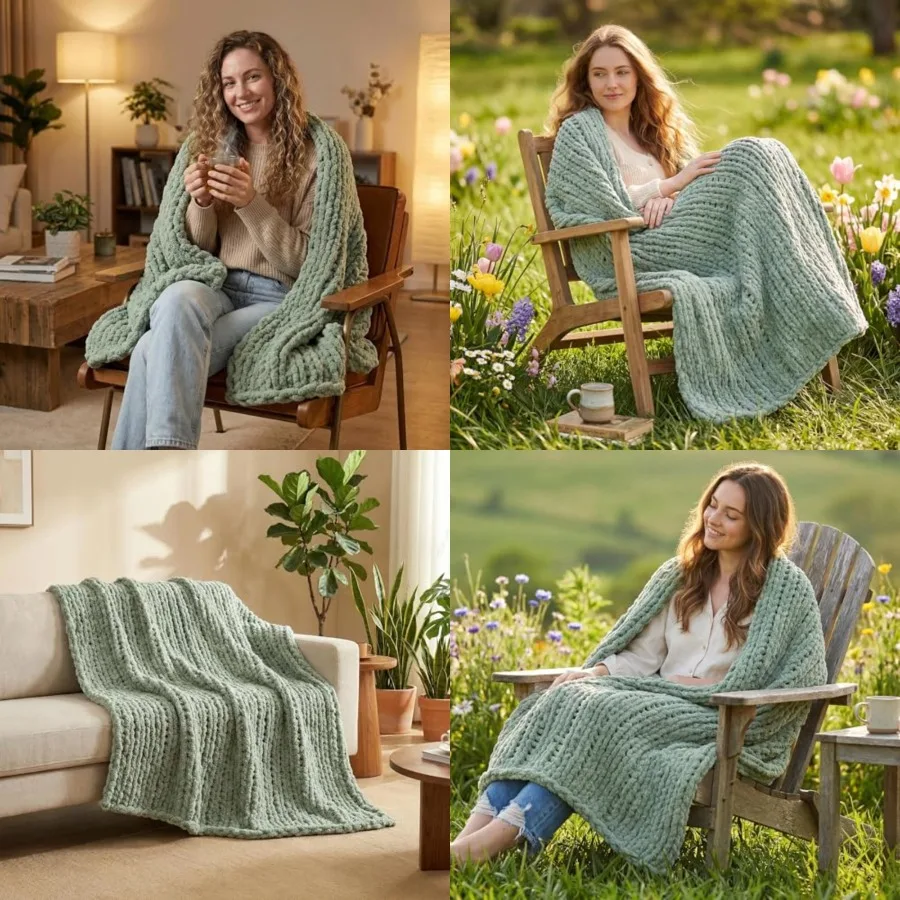 

Chunky Knit Throw Blanket for Couch, Soft Chenille Handmade Crochet Throw Rope Knot Blanket for Couch