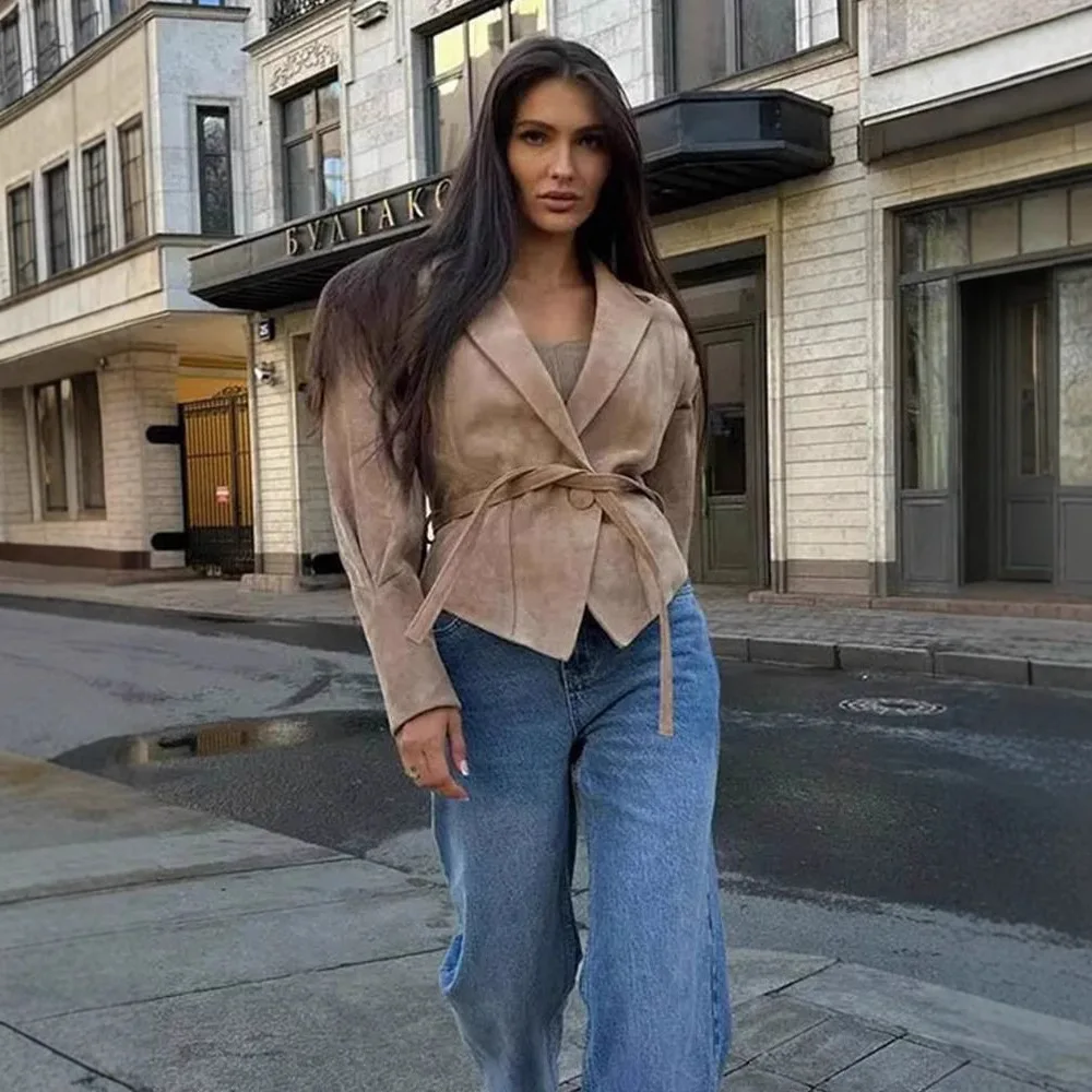 

Autumn Explosions European and American Women's Waistband Suede Slim Jacket Coat Women