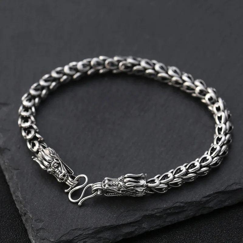 S925 Men'S Vintage Double Bracelet, Thai Silver Fashion Scale Chain Versatile Hand Accessory