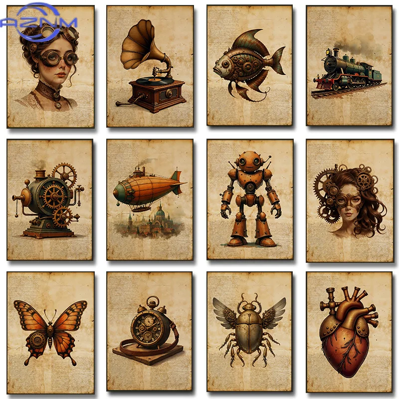 AZNM Classic Vintage Steampunk Gramophone Airship Posters Robot Machine Gears Prints Canvas Painting Wall Art Picture Home Room
