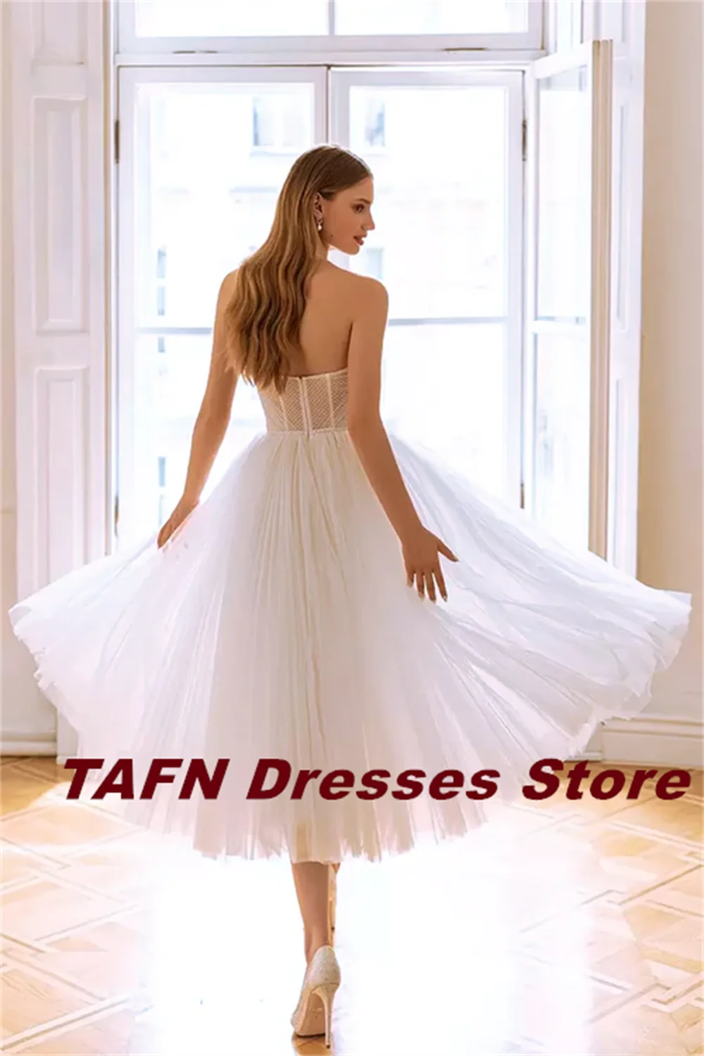 TAFN Tea-Length Wedding Dresses A-line Draped Sweetheart Collar Bridal Gown Sleeveless White Backless vestidos de novia