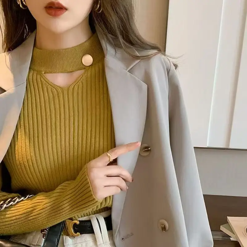 Suéter de mujer jersey Otoño Invierno manga larga hueco medio cuello alto moda delgada Color sólido trabajo fiesta suéter básico