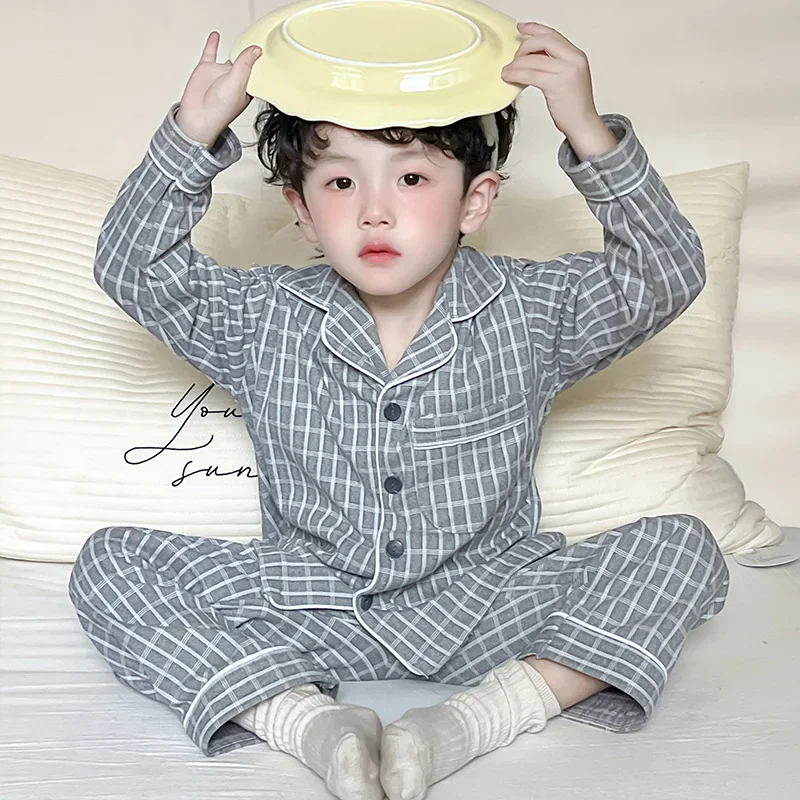Kids Pajamas Set Children's Plaid Home Sleepwear Turn-down Collar Cardigan+Pant 2PCS Pyjamas Set for Boys Girls Clothing
