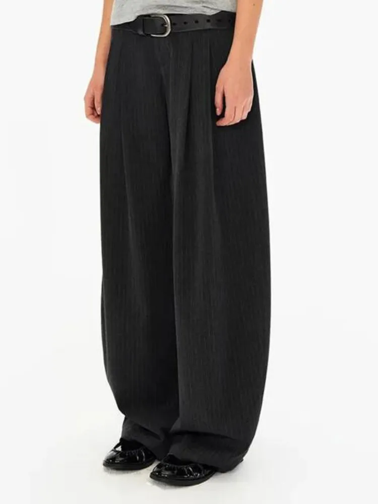 EFB Men's Vertical Stripe Suit Pants Black Front Pleated Balloon Wide Leg High Waist Loose Fit Casual Formal Trousers H6G8