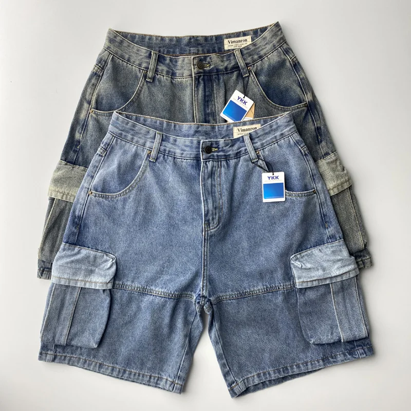 

2025 Summer New American Retro Multi Pocket Denim Cargo Shorts Men's 85.7% Cotton Washed Straight Loose Casual Five-point Pants
